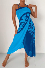Butterfly Print Color-Block Midi Dress – Resort Cover-Up