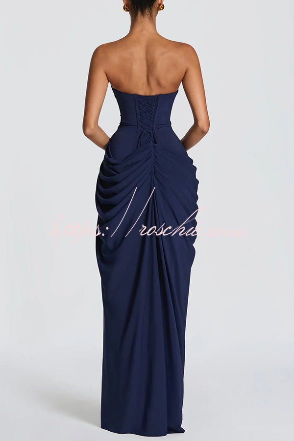 Chiffon Strapless Maxi Dress with Asymmetrical Pleats & Slit