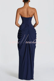 Chiffon Strapless Maxi Dress with Asymmetrical Pleats & Slit