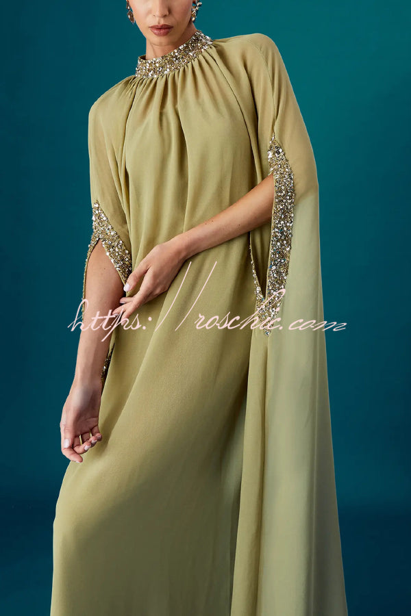 Chiffon Sequin Trim High Neck Batwing Maxi Dress