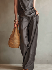 Charcoal Gray Satin Drape Neck Wide-Leg Pants Set
