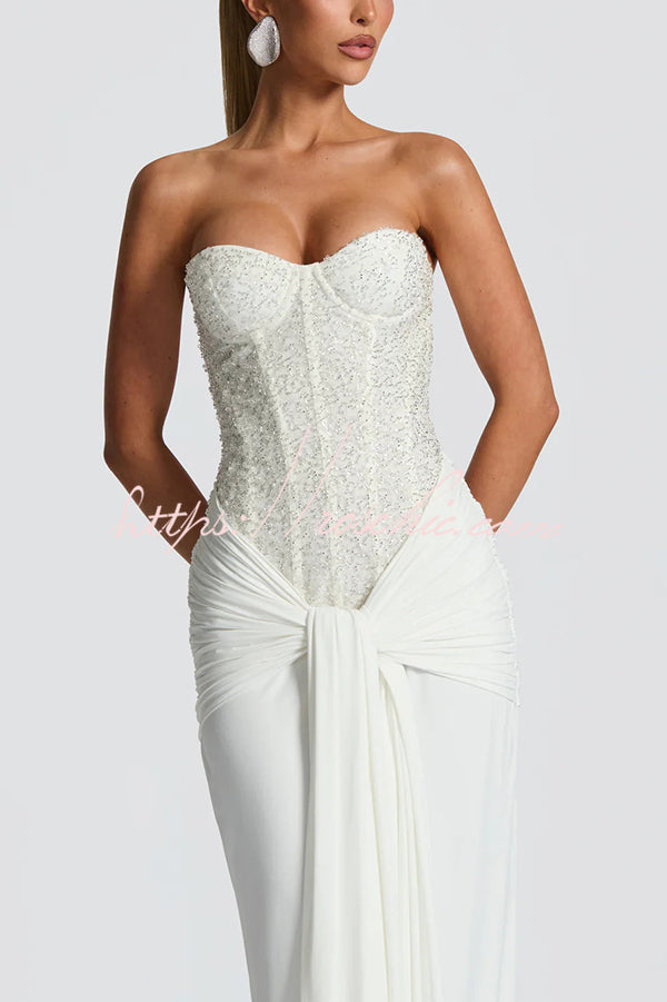 Sequined Satin Jersey Off-Shoulder Ruched Maxi Dress