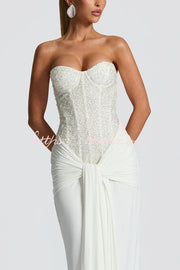 Sequined Satin Jersey Off-Shoulder Ruched Maxi Dress