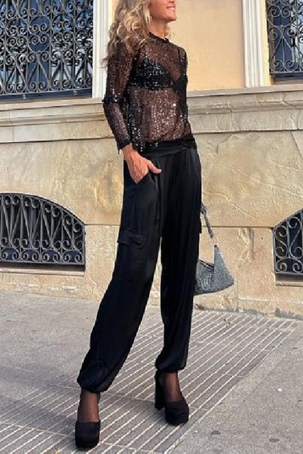 Sequin Long Sleeve Shift Blouse – Loose Fit Party Top