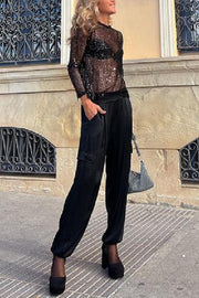 Sequin Long Sleeve Shift Blouse – Loose Fit Party Top