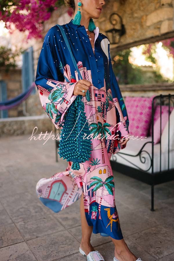 Satin Print Button-Up Kaftan Midi Dress with Long Sleeves