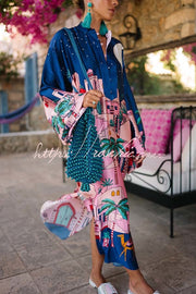 Satin Print Button-Up Kaftan Midi Dress with Long Sleeves