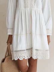 White Crochet V-Neck Mini Dress with Scalloped Hem
