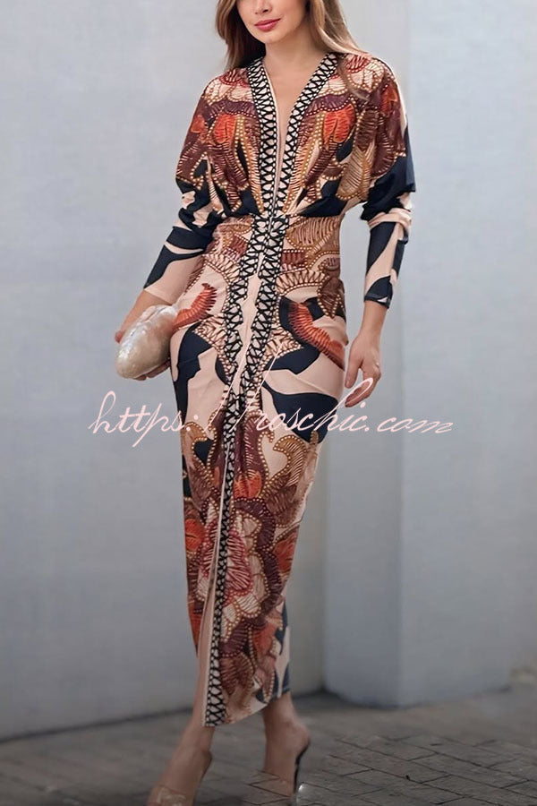 Printed Dolman Sleeve Ruched Slit Midi Dress