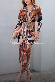 Printed Dolman Sleeve Ruched Slit Midi Dress