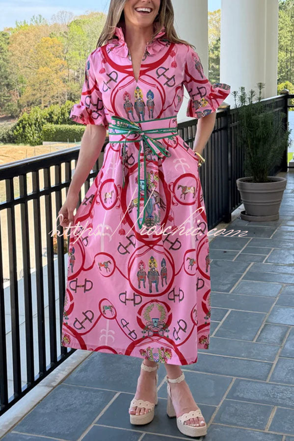 Warhorse Print Caftan Midi Dress with Ruffle Sleeves