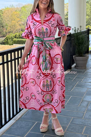 Warhorse Print Caftan Midi Dress with Ruffle Sleeves