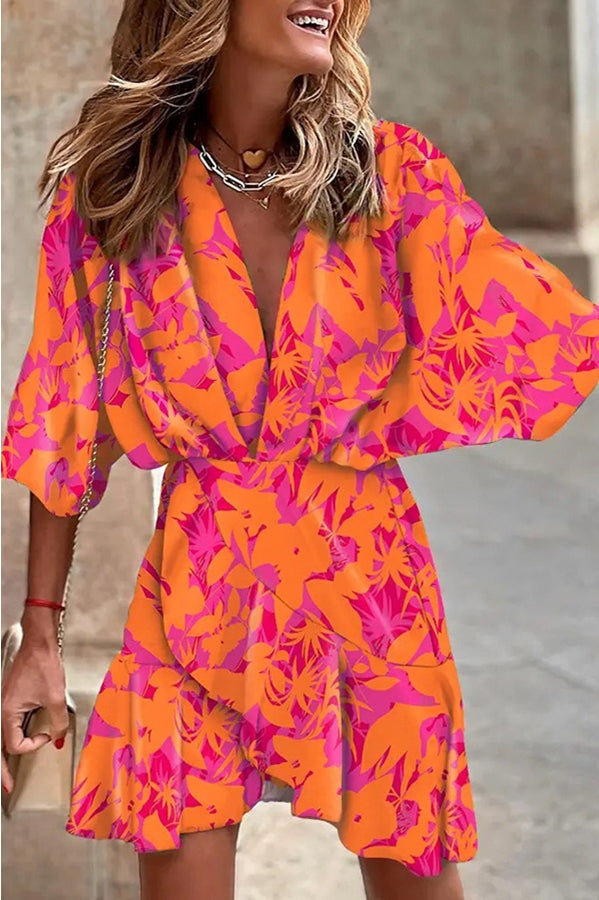 Printed Mini Dress with V-Neck & Loose Fit