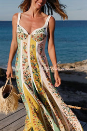 Linen Blend Color Block Floral Maxi Dress – Sweetheart Neck