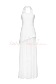 Off Shoulder Chiffon Maxi Dress with Structured Top & Slit