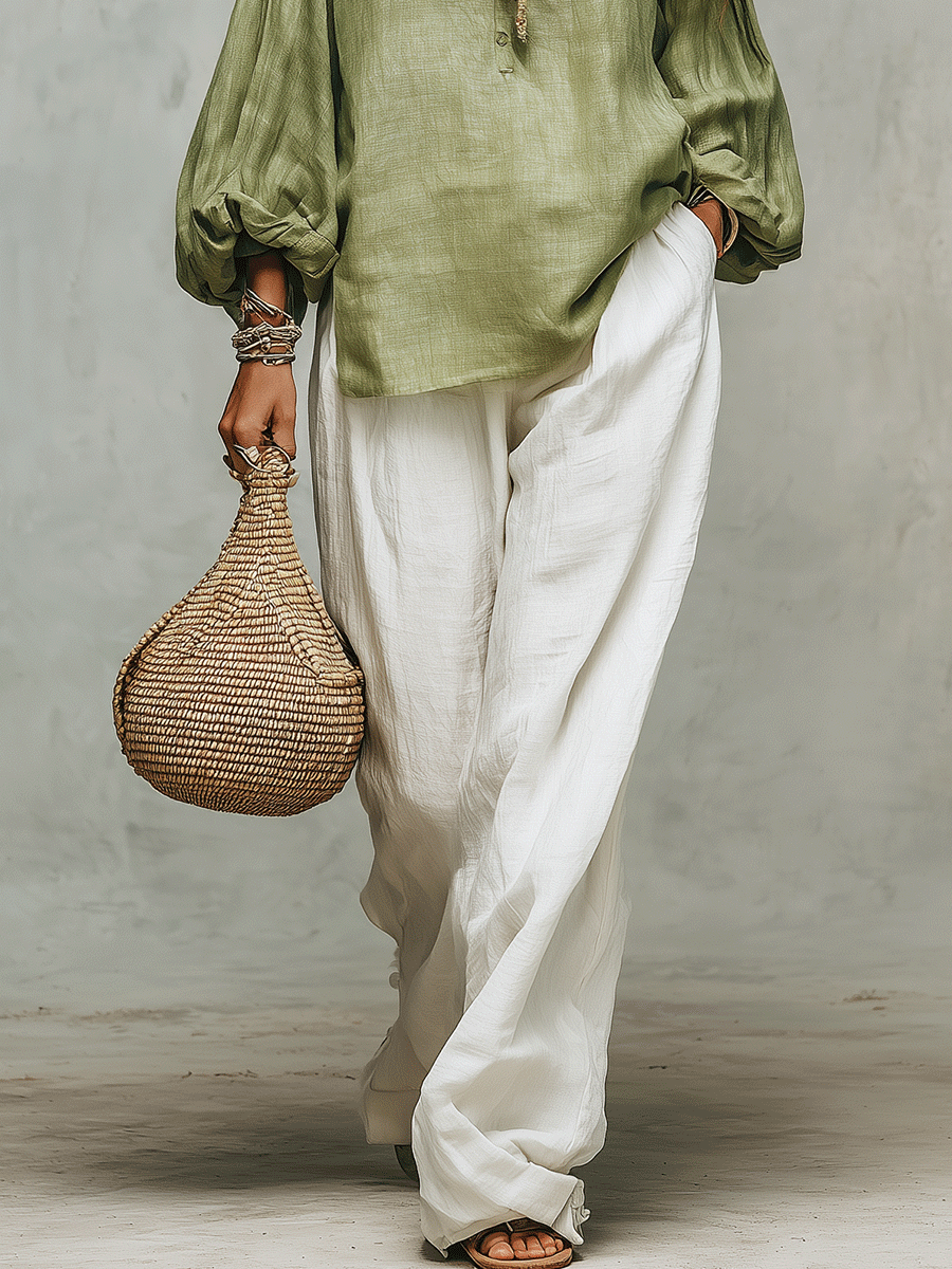 Sage Linen Blouse & Relaxed White Trousers Pants Set