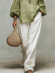 Sage Linen Blouse & Relaxed White Trousers Pants Set