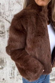 Faux Fur Turtleneck Zip-Up Jacket – Loose Fit Casual Coat