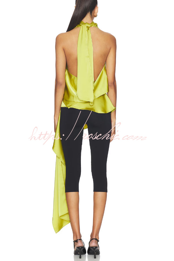 Satin Halter Top with Tie Neck and Open Back, Loose Fit