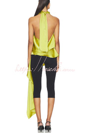 Satin Halter Top with Tie Neck and Open Back, Loose Fit