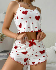 Sweetheart Ruffle Trim Ribbed Cami Pajama Set