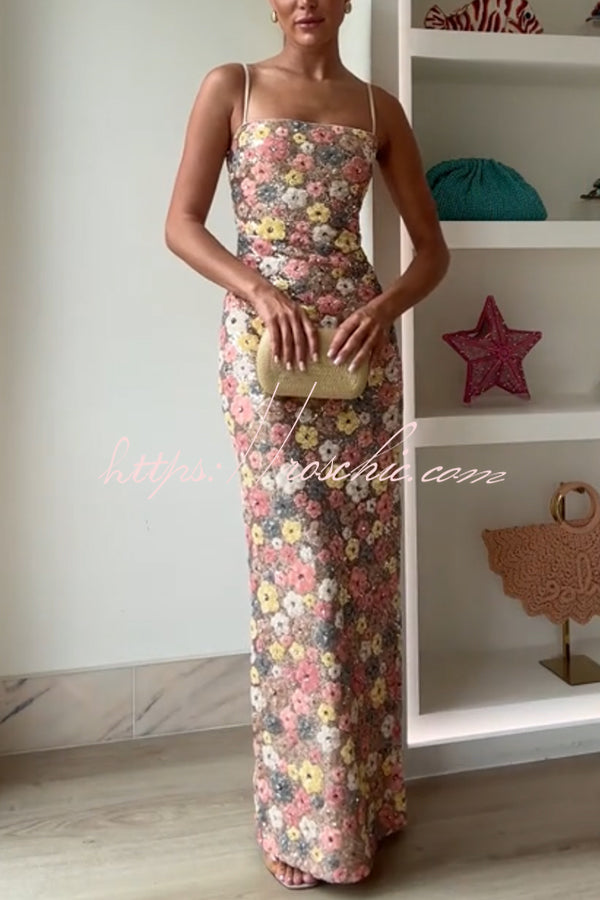 Floral Sequin Maxi Dress – 80s Square Neck Slip Style