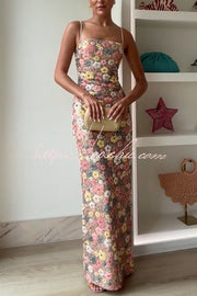 Floral Sequin Maxi Dress – 80s Square Neck Slip Style