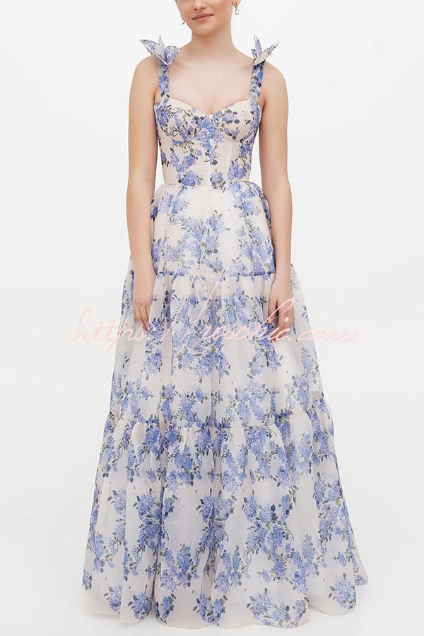 Organza Floral Print Sweetheart Maxi Dress – Sleeveless