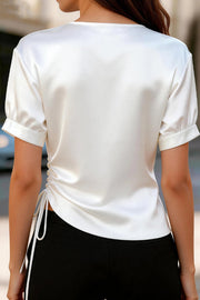Satin V-Neck Short Sleeve Top with Side Ruching