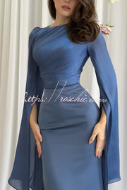 Ruched Organza Satin Patchwork Maxi Dress with Bell Sleeves