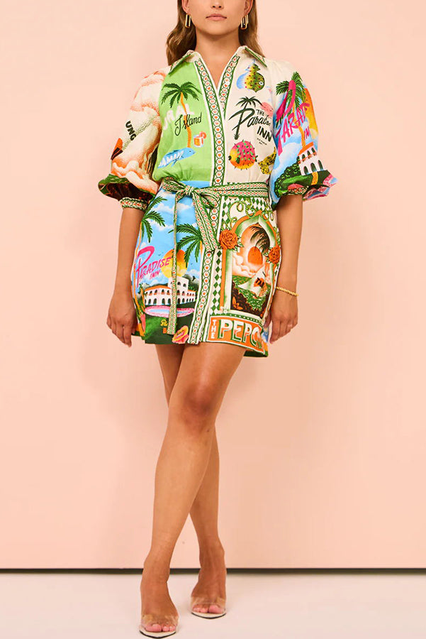 Linen Blend Printed Belted Shirt Mini Dress