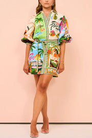 Linen Blend Printed Belted Shirt Mini Dress