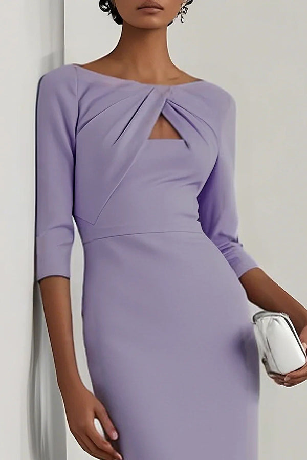Women's Solid Midi Dress – Slim Fit Round Neck Office Wear