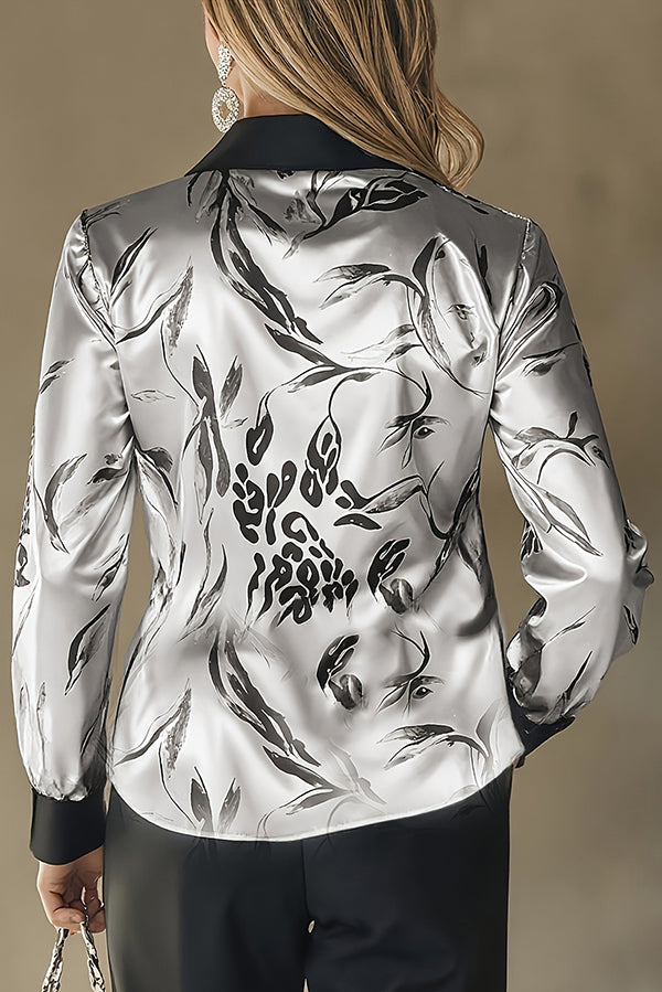 Printed Satin Long-Sleeve Shirt | Loose Fit Office Blouse