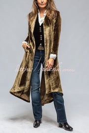 Women's Velvet Long Coat with Pockets and Slit Hem