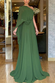 Chiffon One-Shoulder Maxi Dress with Rose Waist Detail