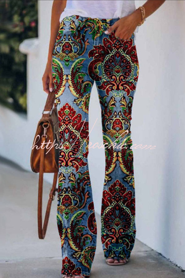Faux Denim Print High Rise Flare Pants – Women's Casual
