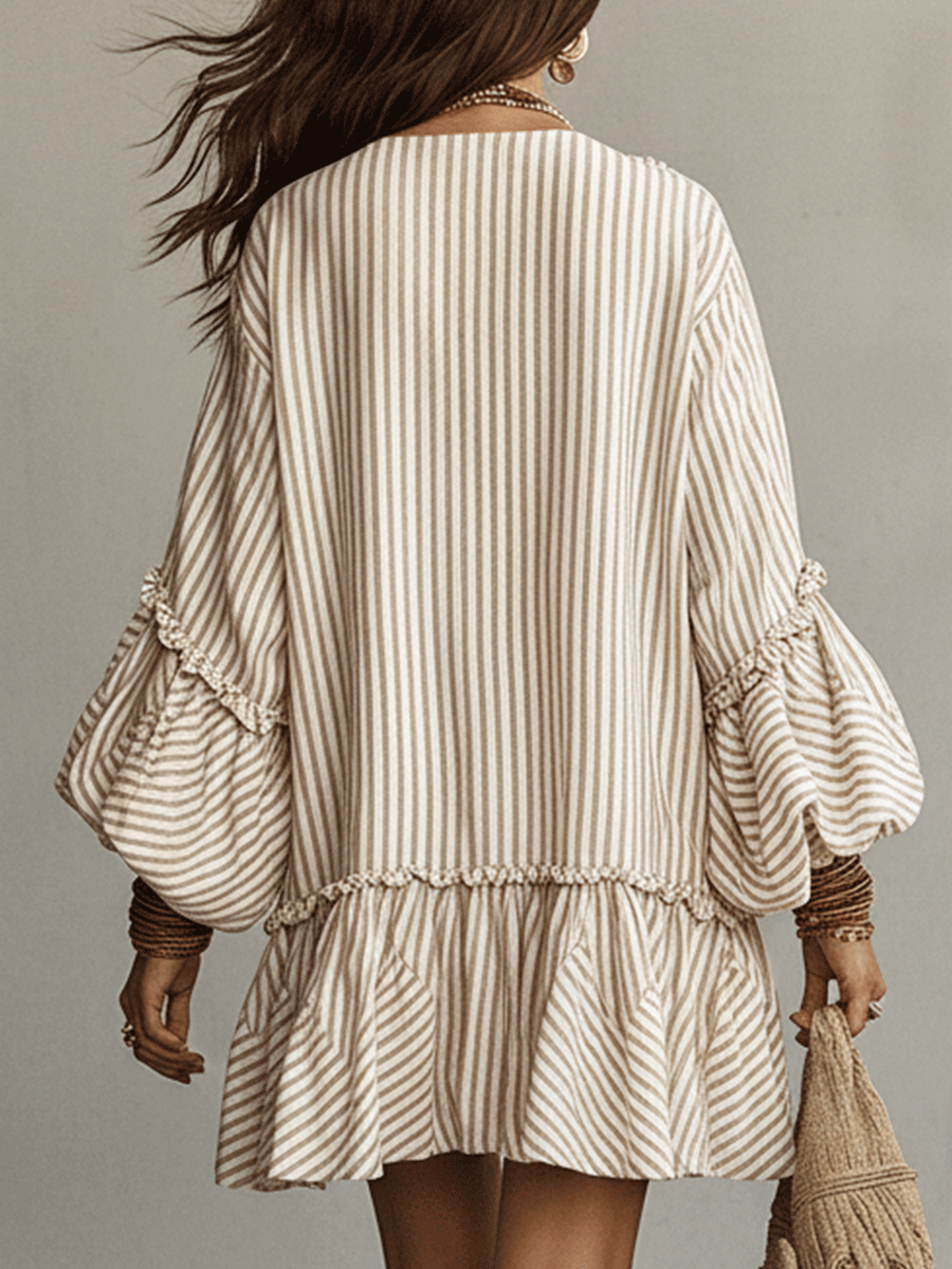 Ruffled Boho Mini Dress in Sand Stripe | Long Sleeve