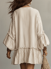 Ruffled Boho Mini Dress in Sand Stripe | Long Sleeve