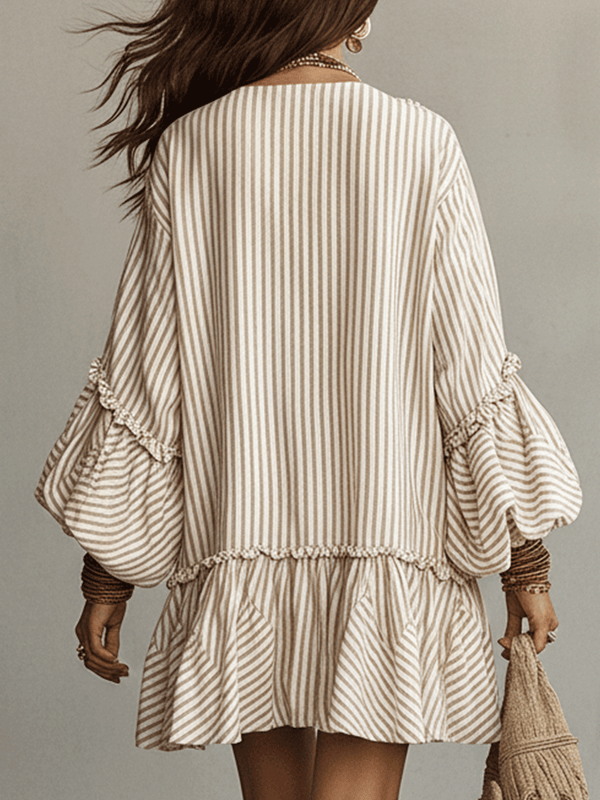 Ruffled Boho Mini Dress in Sand Stripe | Long Sleeve