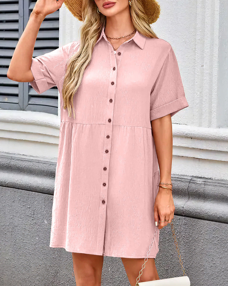Effortless Button-Down Short Sleeve Shirt Dress with Pockets