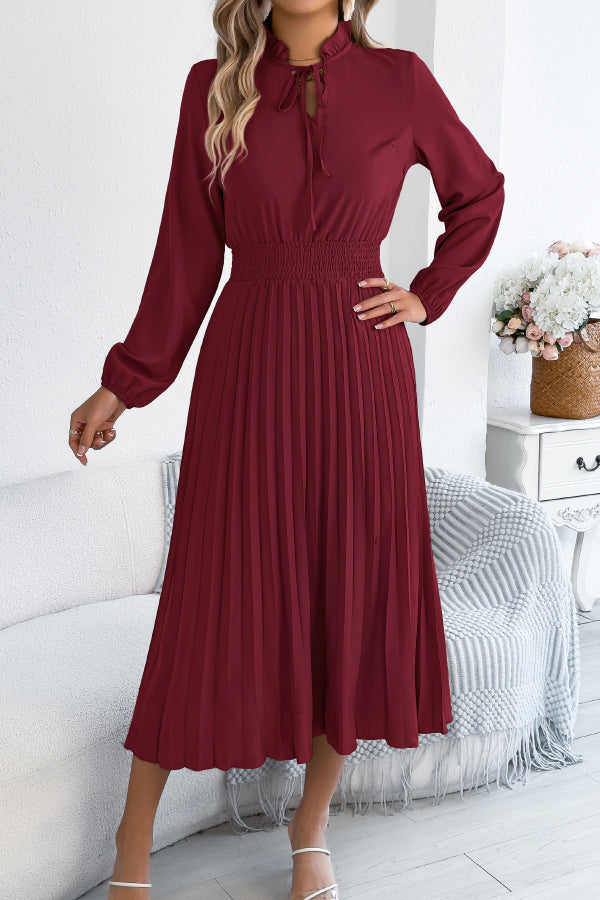 Women's Long Sleeve Pleated Midi Dress – Fitted Waist