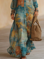 Ocean Blue Chiffon Maxi Dress – Tropical Print Resort Style