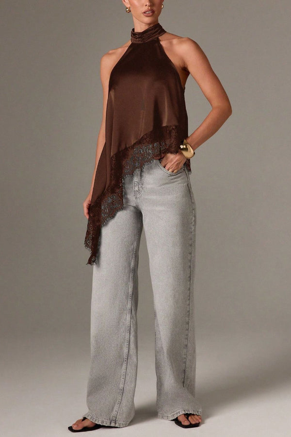 Satin Sleeveless Halter Top – Loose Fit Lace Hem