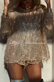 Sequin Long Sleeve Top & Elastic Waist Shorts Set