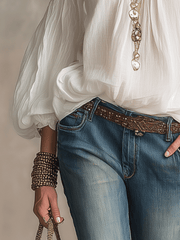 Women's Long Sleeve Boho Blouse with Cold-Shoulder V-Neck