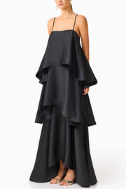 Satin Tiered Maxi Dress – Square Neck Sleeveless A-Line