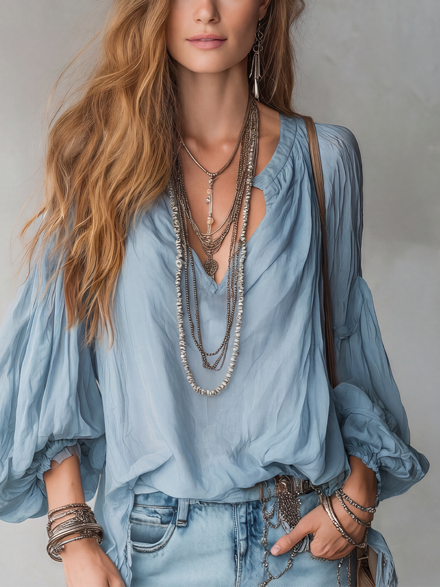 Mist Blue Long Sleeve Bohemian Blouse with Embroidery
