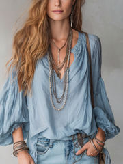 Mist Blue Long Sleeve Bohemian Blouse with Embroidery