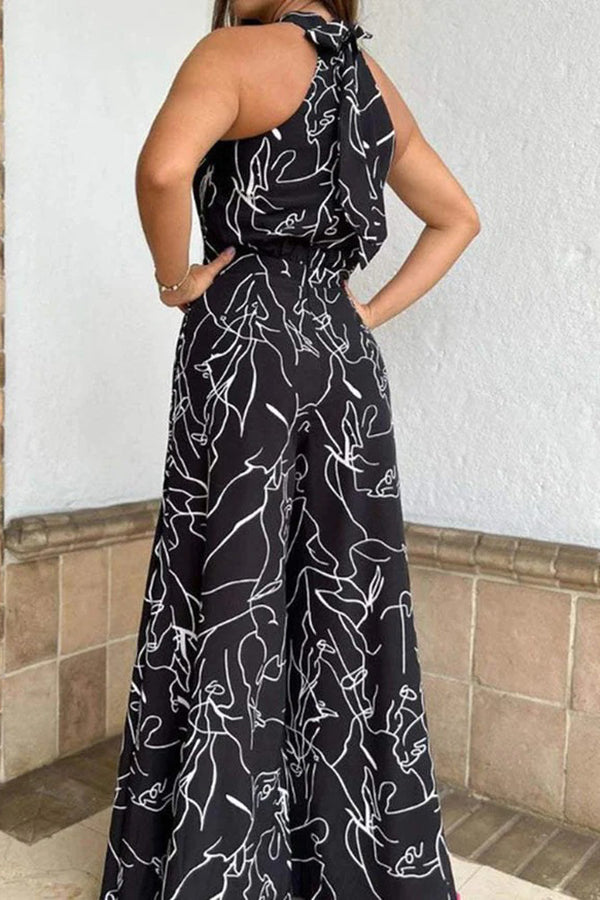 Abstract Print Halter Jumpsuit – Loose Fit Ankle Length